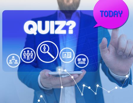 Conceptual hand writing showing Quiz Question. Concept meaning test of knowledge as competition between individuals or teamsの写真素材