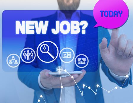 Conceptual hand writing showing New Job Question. Concept meaning formal meeting which someone asked find out if they are suitableの写真素材