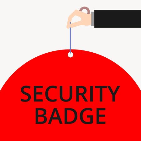 Word writing text Security Badge. Business photo showcasing Credential used to gain accessed on the controlled area Male hand arm needle punching big half blank balloon geometrical backgroundの写真素材
