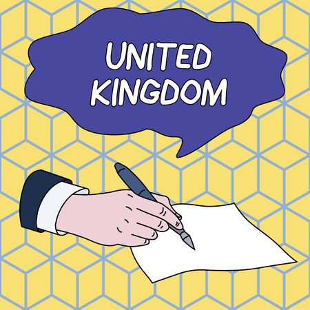 Text sign showing United Kingdom. Business photo showcasing Island country located off the northwestern coast of Europe Male Hand Formal Suit Holding Ballpoint Pen Blank Piece of Paper Writingの写真素材