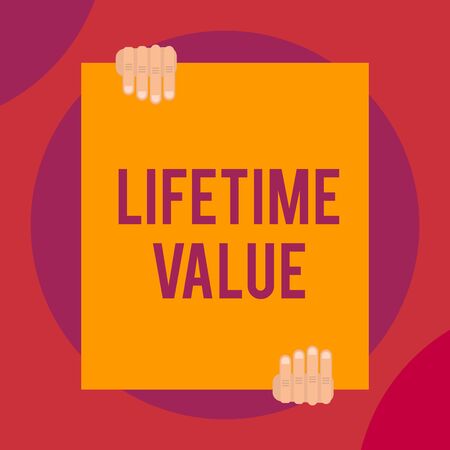 Word writing text Lifetime Value. Business photo showcasing Worth of the customer over the lifetime of the business Two hands holding big blank rectangle up down Geometrical background designの写真素材