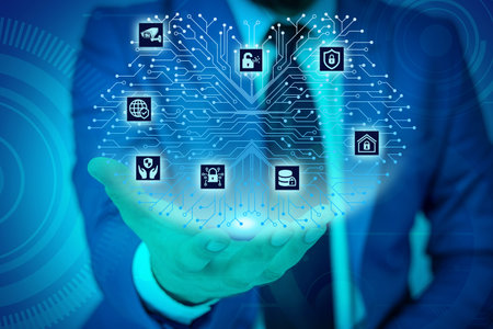 Male human wear formal work suit presenting presentation using smart device