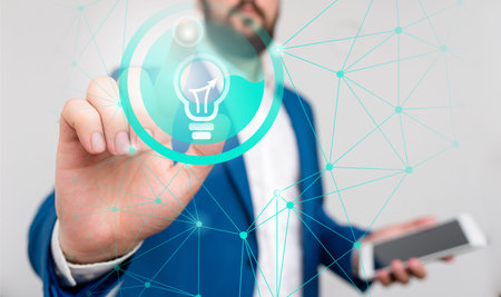 Male human wear formal work suit presenting presentation using smart device