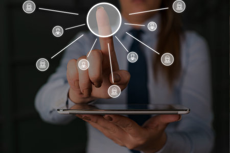 Woman wear formal work suit presenting presentation using smart device