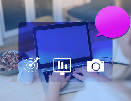 woman icons computer speech bubble office supplies technological deviceの写真素材