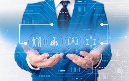 Male human wear formal work suit presenting presentation using smart device