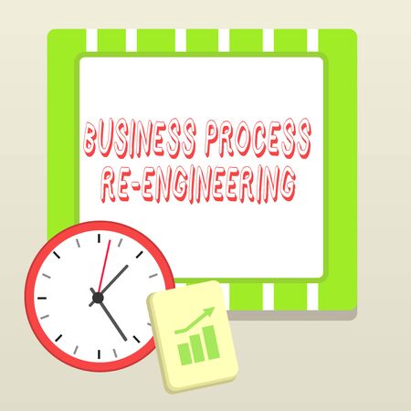 Handwriting text writing Business Process Re Engineering. Conceptual photo the analysis and design of workflows Layout Wall Clock Notepad with Escalating Bar Graph and Arrow Pointing Upの写真素材