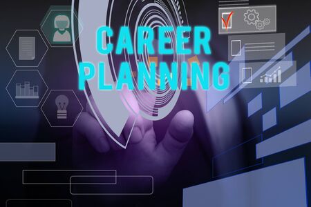 Text sign showing Career Planning. Business photo text Strategically plan your career goals and work success Male human wear formal work suit presenting presentation using smart deviceの写真素材