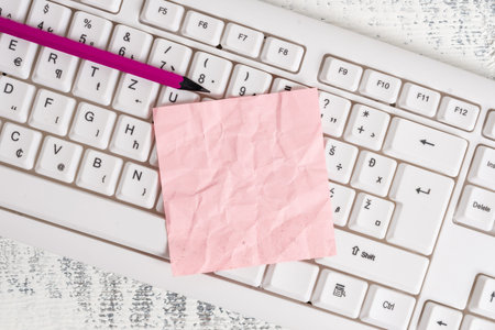 White keyboard office supplies empty rectangle shaped paper reminder wood