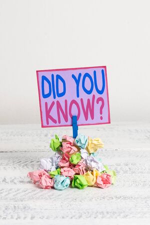 Conceptual hand writing showing Did You Know Question. Concept meaning when you are asking someone if they know fact or event Reminder pile colored crumpled paper clothespin wooden spaceの写真素材