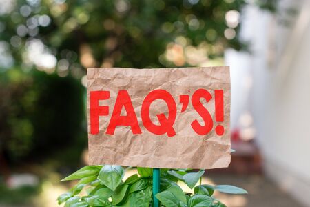 Word writing text Faq S. Business photo showcasing list of questions and answers relating to particular subject Plain empty paper attached to a stick and placed in the green leafy plantsの写真素材