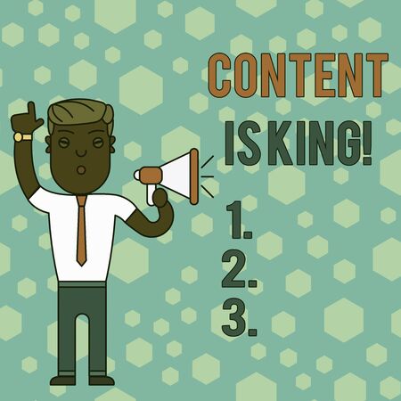 Word writing text Content Is King. Business photo showcasing marketing focused growing visibility non paid search results Man Standing with Raised Right Index Finger and Speaking into Megaphoneの写真素材