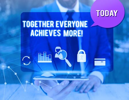 Handwriting text writing Together Everyone Achieves More. Conceptual photo Members create synergy with strong sense mutual commitment man icons smartphone speech bubble office supplies technological deviceの写真素材