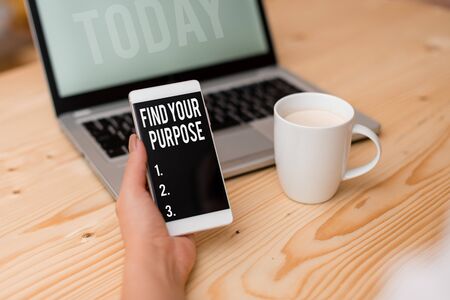 Word writing text Find Your Purpose question. Business photo showcasing reason for something is done or for which exists woman laptop computer smartphone mug office supplies technological devicesの写真素材