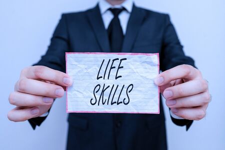 Text sign showing Life Skills. Business photo showcasing skill that is necessary for full participation in everyday lifeの写真素材