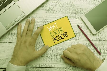 Text sign showing What Is Your Passion Question. Business photo showcasing asking about his strong and barely controllable emotionの写真素材