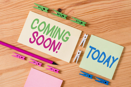 Handwriting text Coming Soon. Conceptual photo event or action that will happen after really short...