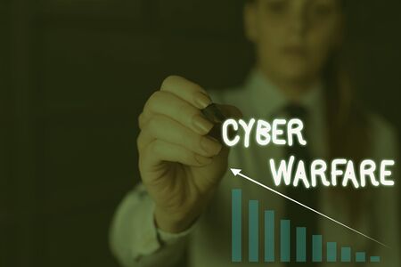 Writing note showing Cyber Warfare. Business concept for Virtual War Hackers System Attacks Digital Thief Stalker Woman wear formal work suit presenting presentation using smart deviceの写真素材