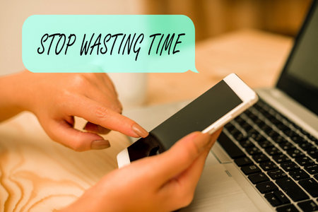 Conceptual hand writing showing Stop Wasting Time. Concept meaning advising demonstrating or group...