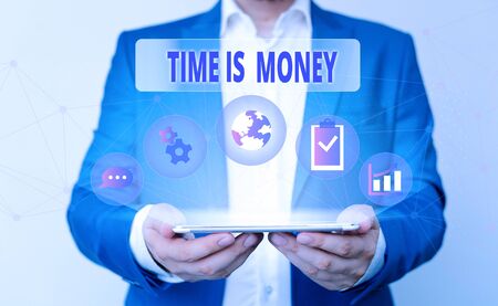 Word writing text Time Is Money. Business photo showcasing time is a valuable resource Do things as quickly as possible Male human wear formal work suit presenting presentation using smart deviceの写真素材