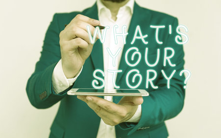 Handwriting text writing What S Your Story Question. Conceptual photo asking demonstrating about his past life actions career or events Businessman with pointing finger in front of him