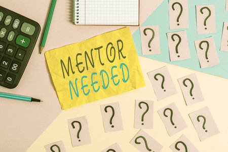 Writing note showing Mentor Needed. Business concept for wanted help for more experienced or more knowledgeable demonstrating Mathematics stuff and writing equipment above pastel colours backgroundの写真素材