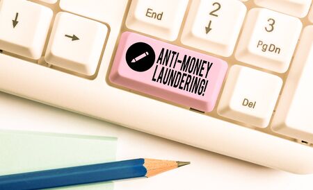 Handwriting text Anti Money Laundering. Conceptual photo regulations stop generating income through illegal actions White pc keyboard with empty note paper above white background key copy spaceの写真素材