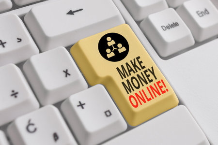 Handwriting text Make Money Online. Conceptual photo making profit using internet like freelancing or marketing White pc keyboard with empty note paper above white background key copy spaceの写真素材