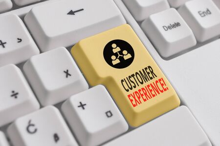 Handwriting text Customer Experience. Conceptual photo product of interaction between organization and buyer White pc keyboard with empty note paper above white background key copy spaceの写真素材