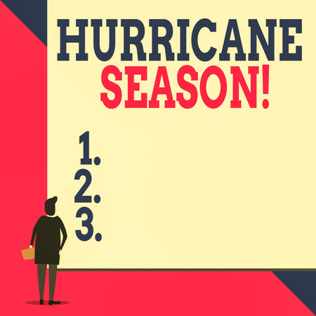 Handwriting text Hurricane Season. Conceptual photo time when most tropical cyclones are expected to develop Back view young woman watching blank big rectangle. Geometrical backgroundの写真素材