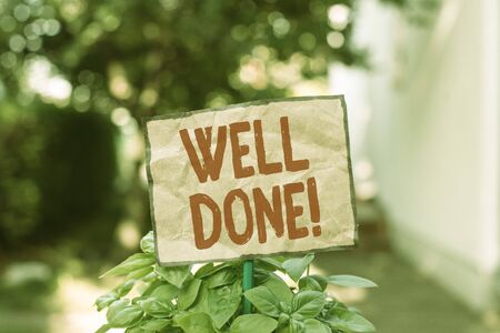 Writing note showing Well Done. Business concept for used praising demonstrating or group for something have done good way Plain paper attached to stick and placed in the grassy landの写真素材