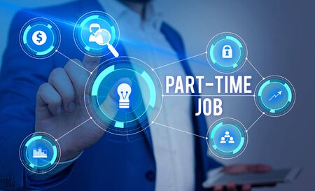 Word writing text Part Time Job. Business photo showcasing Weekender Freelance Casual OJT Neophyte Stint Seasonal Male human wear formal work suit presenting presentation using smart deviceの写真素材