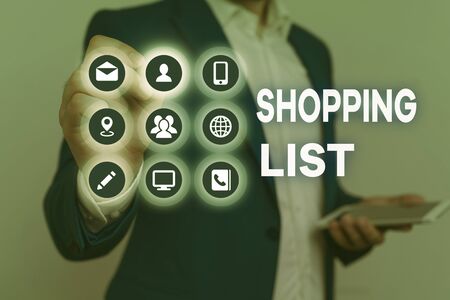 Conceptual hand writing showing Shopping List. Concept meaning Discipline approach to shopping Basic Items to Buyの写真素材
