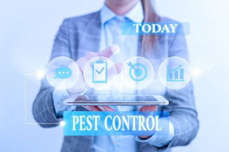 Word writing text Pest Control. Business photo showcasing Killing destructive insects that attacks crops and livestock Female human wear formal work suit presenting presentation use smart deviceの写真素材