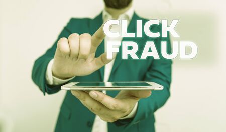 Word writing text Click Fraud. Business photo showcasing practice of repeatedly clicking on advertisement hosted website Businessman with pointing finger in front of himの写真素材