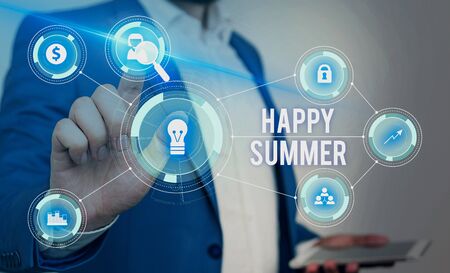 Word writing text Happy Summer. Business photo showcasing Beaches Sunshine Relaxation Warm Sunny Season Solstice Male human wear formal work suit presenting presentation using smart deviceの写真素材