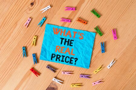 Word writing text What S The Real Price Question. Business photo showcasing Give actual value of property or business Colored clothespin papers empty reminder wooden floor background officeの写真素材