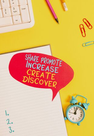 Conceptual hand writing showing Share Promote Increase Create Discover. Concept meaning Marketing inspiration motivation Empty red bubble paper on the table with pc keyboardの写真素材