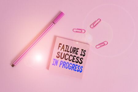 Writing note showing Failure Is Success In Progress. Business concept for You have to make mistakes for improvement Colored sticky note clips binders gathered pen trendy cool backgroundの写真素材