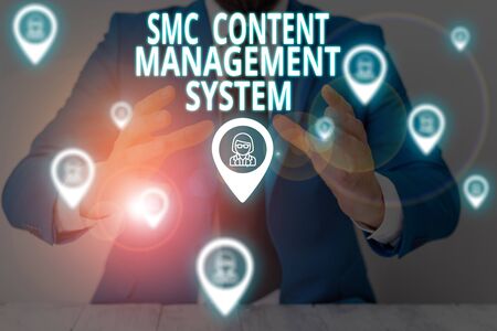 Conceptual hand writing showing Smc Content Management System. Concept meaning analysisgae creation and modification of posts Male wear formal suit presenting presentation smart deviceの写真素材