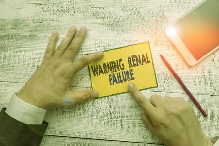 Word writing text Warning Renal Failure. Business photo showcasing stop Filtering Excess Waste Acute Kidney malfunctionの写真素材