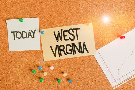 Handwriting text writing West Virginia. Conceptual photo United States of America State Travel Tourism Trip Historical Corkboard color size paper pin thumbtack tack sheet billboard notice boardの写真素材