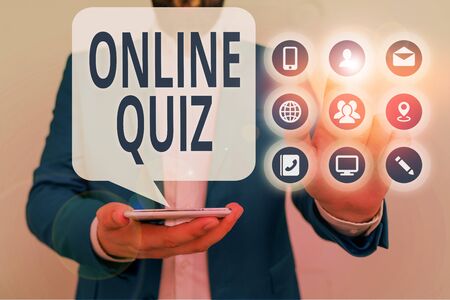 Conceptual hand writing showing Online Quiz. Concept meaning game or a mind sport that are published on the Internetの写真素材