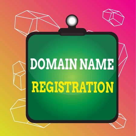 Word writing text Domain Name Registration. Business photo showcasing Own an IP Address Identify a particular Webpage Clipboard colorful background spring clip stuck bind empty plank frameの写真素材