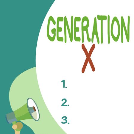 Conceptual hand writing showing Generation X. Concept meaning the generation that born after that of the baby boomers Blank huge balloon empty text with small megaphone. Announcementの写真素材