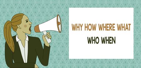 Text sign showing Why How Where What Who When. Business photo showcasing Questions to find solutions Query Asking Young Woman Jacket Ponytail Shouting into Loudhailer Rectangular Text Boxの写真素材