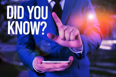 Text sign showing Did You Know Question. Business photo showcasing when you are asking someone if they know fact or event Man with opened hands stands in suite. Concept with copy space and manの写真素材
