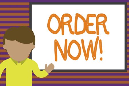 Text sign showing Order Now. Business photo text confirmed request by one party to another to buy sell Young man standing in front whiteboard pointing to project. photo Art