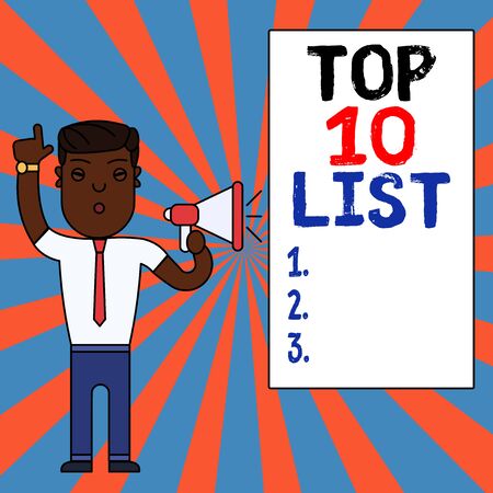 Text sign showing Top 10 List. Business photo text the ten most important or successful items in a particular list Man Standing with Raised Right Index Finger and Speaking into Megaphoneの写真素材