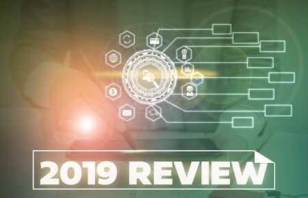 Word writing text 2019 Review. Business photo showcasing New trends and prospects in tourism or services for 2019 Picture photo system network scheme modern technology smart deviceの写真素材